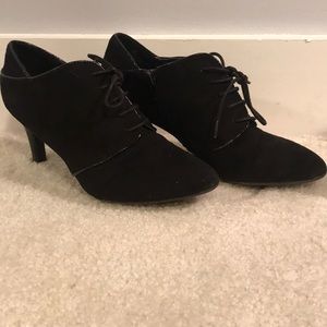 Suede Lace Up Heels with Patent Leather Trim